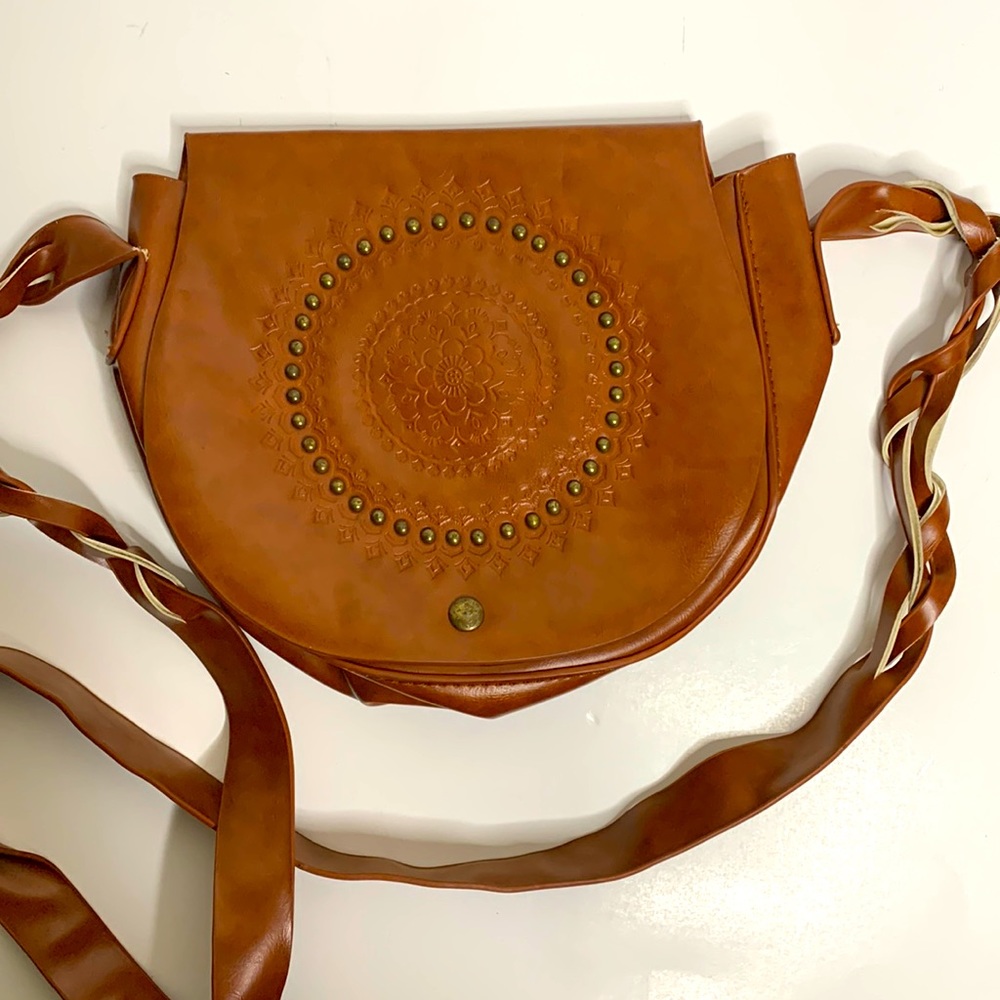 Brown Etched Floral Design Crossbody Hobo Satchel Braided Straps Hippie Purse